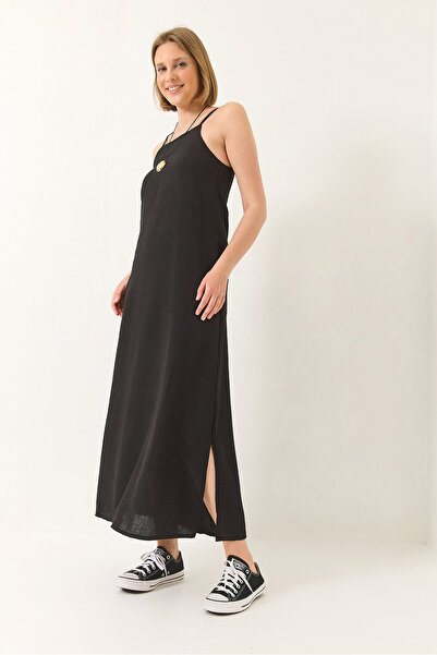 Bianco Lucci Women's Strappy Slit Detailed Long Linen Dress 439 60283174