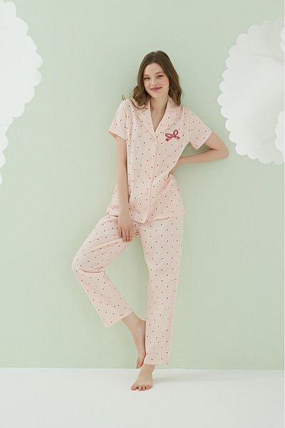 NBB 100% Cotton Women's Salmon Pajama Set, Red Polka Dot