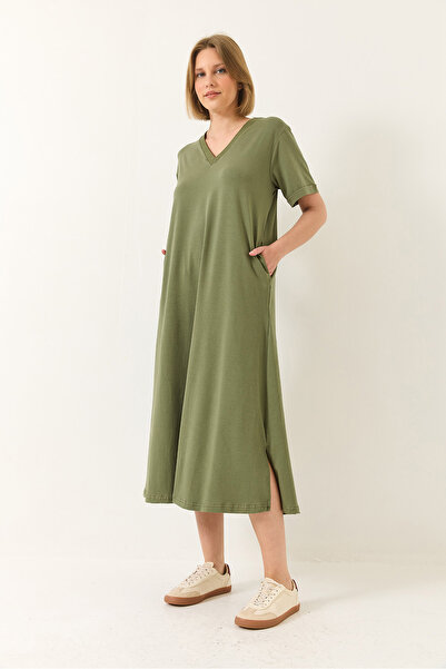 Bianco Lucci Women's V Neck Short Sleeve Pocket Detailed Long Basic Dress 60283193