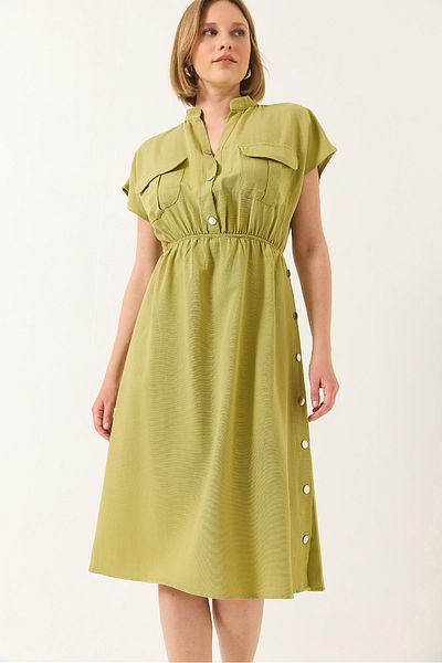 Bianco Lucci Women's Elastic Waist Snap Detailed Pocket Linen Dress 5921 60281033