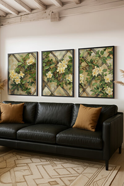 STARYUNA Crni drveni okvir, efekat uljane slike, set od 3 slika cveća, slika ...