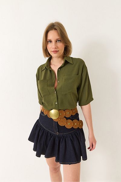 Bianco Lucci Damen Double Pocket Detailliertes Leinen Aerobin Oversize Kurzes Hemd 4619 60281020
