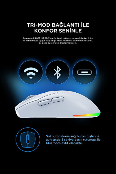Rampage PROTE M5 PRO Kablosuz Beyaz RGB Ledli Şarjlı 26000 DPI 3395 Sensor Gaming Oyuncu Mouse