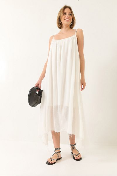 Bianco Lucci Women's Thin Strap Loose Lined Cotton Summer Long Linen Dress 5971 60281031