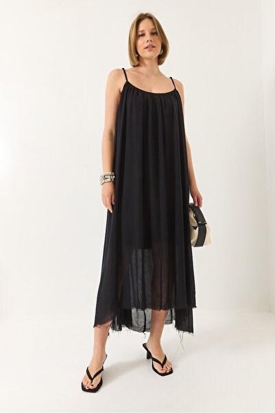 Bianco Lucci Dámské tenké ramínka s volnou podšívkou Bavlněné letní dlouhé plátěné šaty 5971 60281031