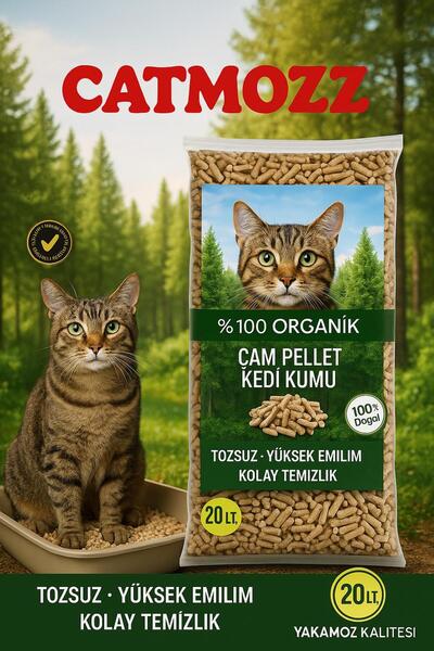 CatMozz Hipoalerjenik Organik Tozsuz % 100 Çam Peleti Kedi Kumu 20 Lt Orijinal Gramaj Ithal Açık Renk