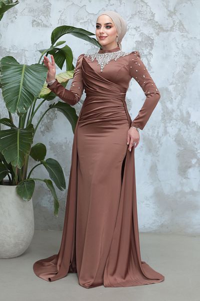 Neva Style Beaded Tan Hijab Satin Evening Dress 51312Tb