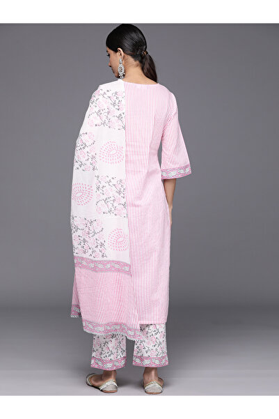 Libas By Styli Striped Printed Kurta with Mid Rise Trousers and Dupatta Set