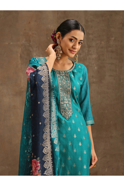 Libas By Styli Embroidered Silk Kurta and Solid Trousers with Jacquard Dupatta Set
