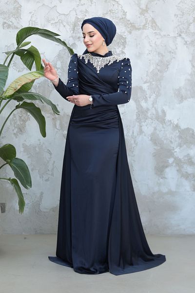 Neva Style Tailed Navy Blue Hijab Satin Evening Dress 51312L