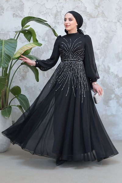 Neva Style Beaded Black Hijab Evening Dress 4953S