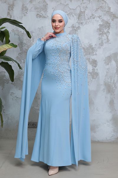 Neva Style Hijab Evening Dress - Baby Blue Hijab Evening Dress with Cape Sleeves 51671Bm