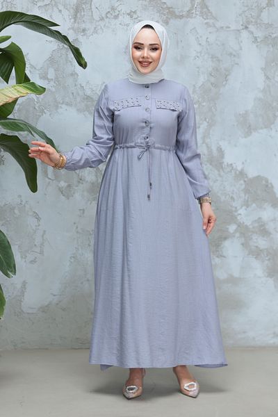 Neva Style Rochie hijab gri cu nasturi 17131GR