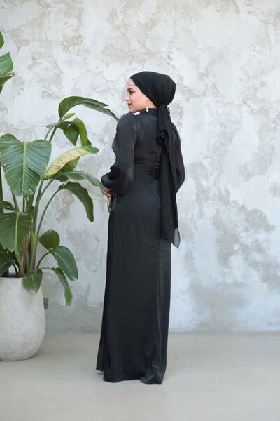 Neva Style Drape Detailed Black Hijab Evening Dress 50921S