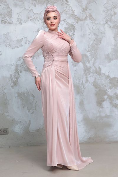 Neva Style Drape Detailed Powder Hijab Evening Dress 51481Pd