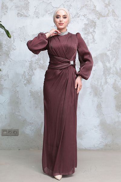 Neva Style Hijab Evening Dress - Brown Hijab Evening Dress with Drape Detail 50581Kh