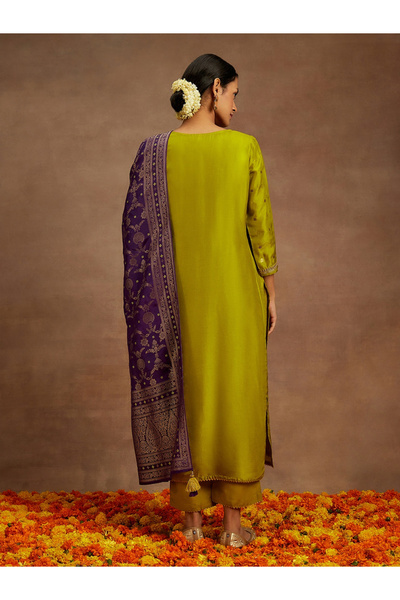 Libas By Styli Silk Lace Detail Kurta and Solid Trousers with Dupatta Set