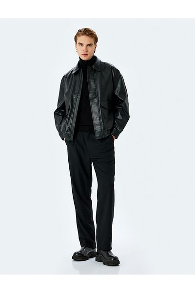 Koton Faux Leather Jacket with Long Sleeves and Flap Pocket Detail