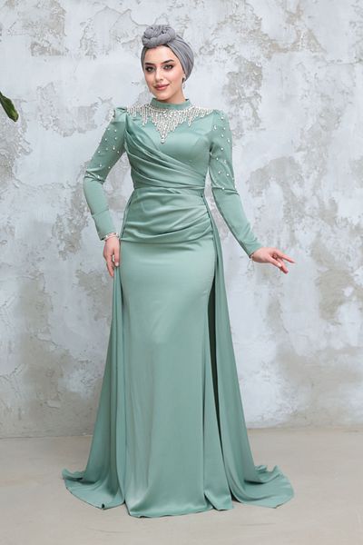 Neva Style Beaded Green Hijab Satin Evening Dress 51312Cy