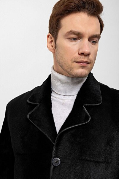 Deriderim Black Richard Lined Wool Men's Genuine Leather Coat