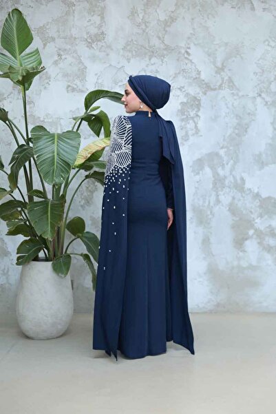 Neva Style Navy Blue Hijab Evening Dress with Cape Sleeves 51671L