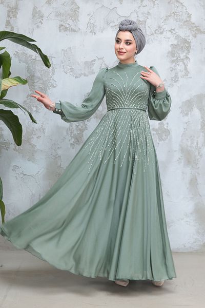 Neva Style Hijab Evening Dress - Beaded Green Hijab Evening Dress 4953Cy