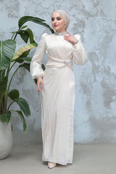 Neva Style Drape Detailed Ecru Hijab Evening Dress 50581E