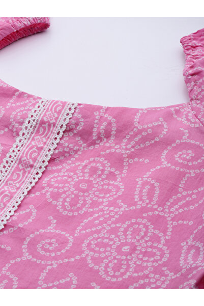 Libas By Styli Printed Balloon Sleeve Lace Detail Kurti Top