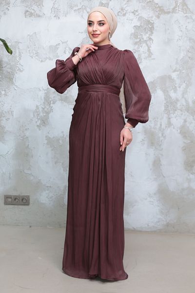 Neva Style Drape Detailed Brown Hijab Evening Dress 50921Kh