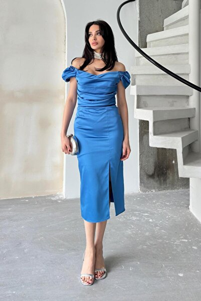 Serica Moda Μπλε Off Shoulder Draped Midi Βραδινό Φόρεμα