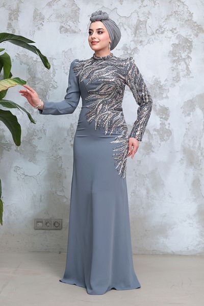 Neva Style Beaded Gray Hijab Evening Dress 51012Gr