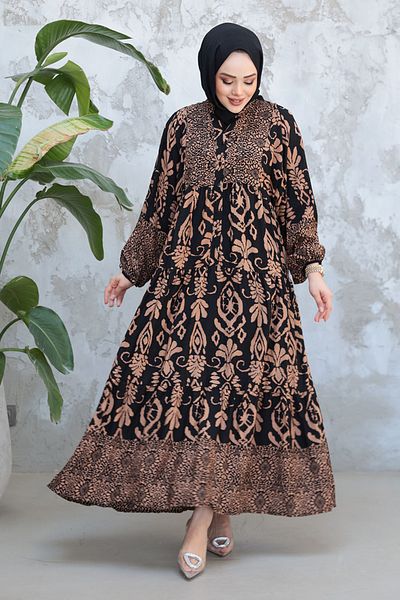 Neva Style Patterned Black Camel Hijab Dress 30015Sc