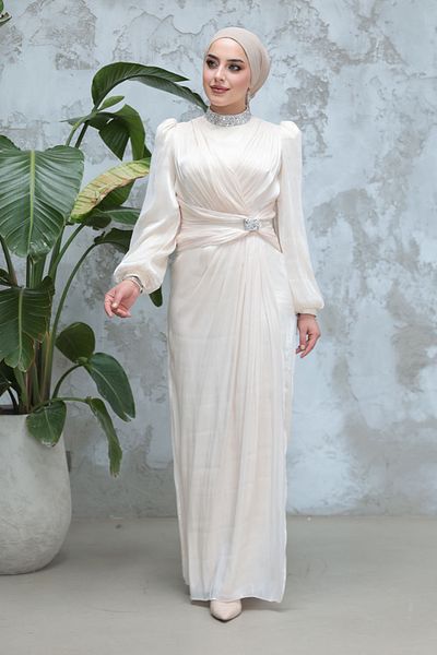 Neva Style Hijab Evening Dress - Ecru Hijab Evening Dress with Drape Detail 50581E