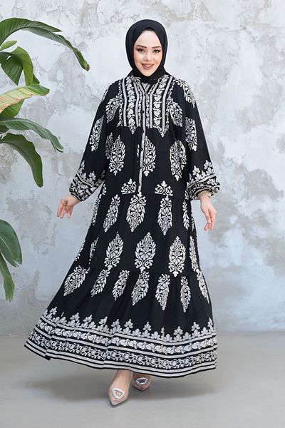 Neva Style Rochie neagră cu hijab cu modele florale 18242S