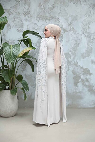 Neva Style Beige Hijab Evening Dress with Sleeves Cape 51681Beige