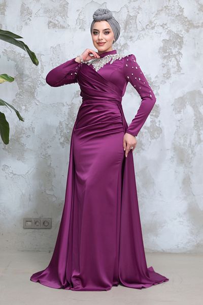 Neva Style Bead Embroidered Plum Hijab Satin Evening Dress 51312Mu