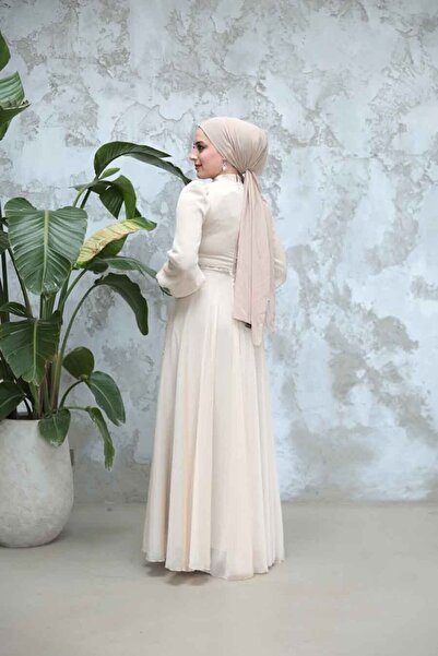 Neva Style Boncuk Işlemeli Bej Tesettür Abiye Elbise 4953bej