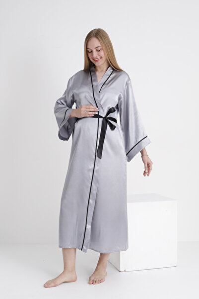 Miss Dünya Lissa Piping Bat Sleeve Maternity and Maternity Satin Dressing Gown