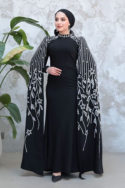 Neva Style Hijab Evening Dress - Black Hijab Evening Dress with Cape Sleeves 51681S