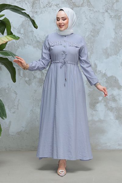 Neva Style Rochie hijab gri cu nasturi 17131GR