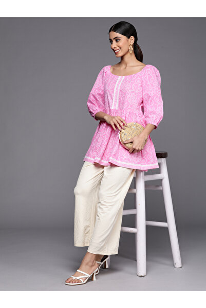 Libas By Styli Printed Balloon Sleeve Lace Detail Kurti Top