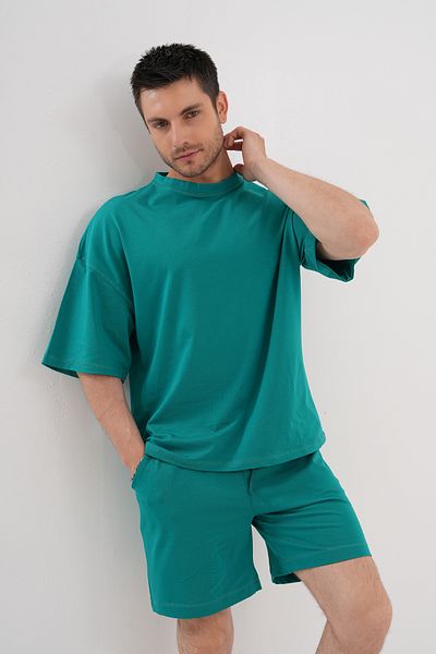 ACTIVE MODA - MEN'S TURQUOISE SHORT SLEEVE TSHIRT - SHORTS SET 2-PIECE PLUS SIZE OVERSIZED COTTON