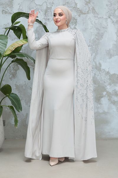 Neva Style Hijab Evening Dress - Beige Hijab Evening Dress with Cape Sleeves 51681Beige