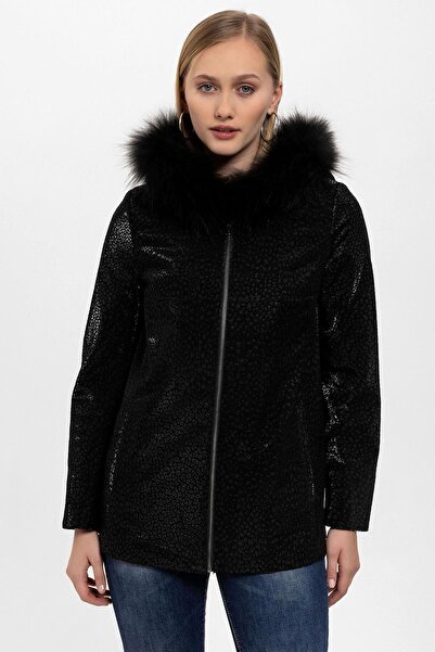 Deriderim Casper Black Printed Hooded Women's Genuine Leather Coat