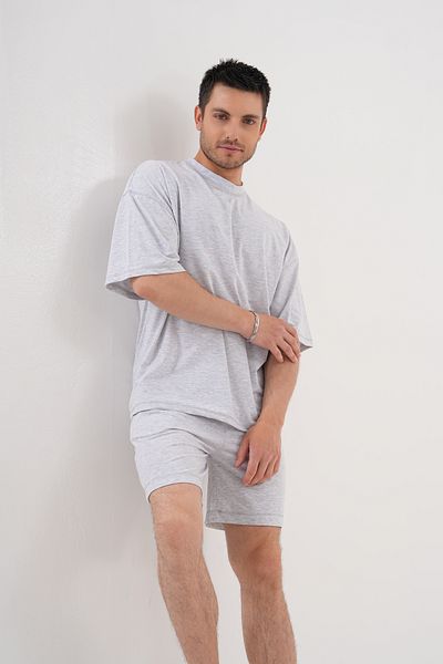 ACTIVE MODA - Men's Grey Short Sleeve Tshirt - Shorts Set 2 Pieces Large Size Oversized Cotton