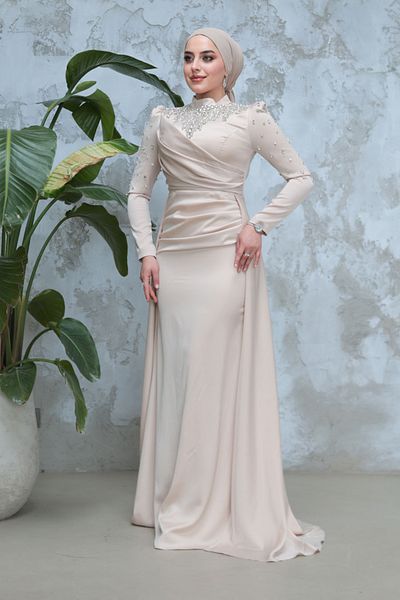 Neva Style Beaded Beige Hijab Satin Evening Dress 51312Bej
