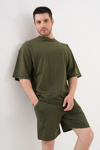 ACTIVE MODA - Men's Khaki Short Sleeve Tshirt - Shorts Set of 2 Large Size Oversized Cotton