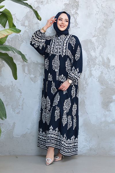 Neva Style Floral Patterned Navy Blue Hijab Dress 18242L