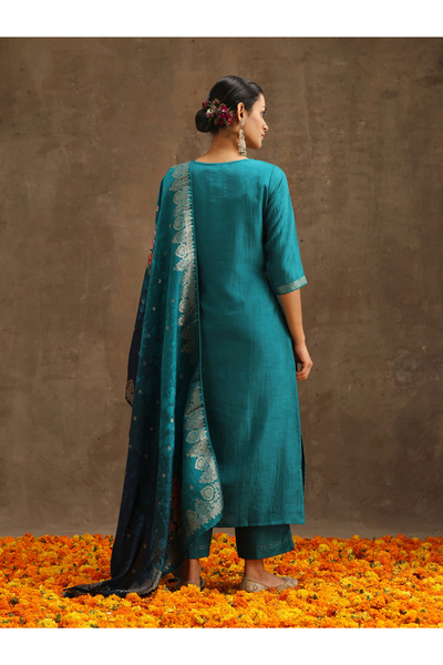 Libas By Styli Embroidered Silk Kurta and Solid Trousers with Jacquard Dupatta Set