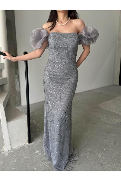 Serica Moda Gri Balon Kol Detaylı Payet İşlemeli Straplez Abiye Elbise